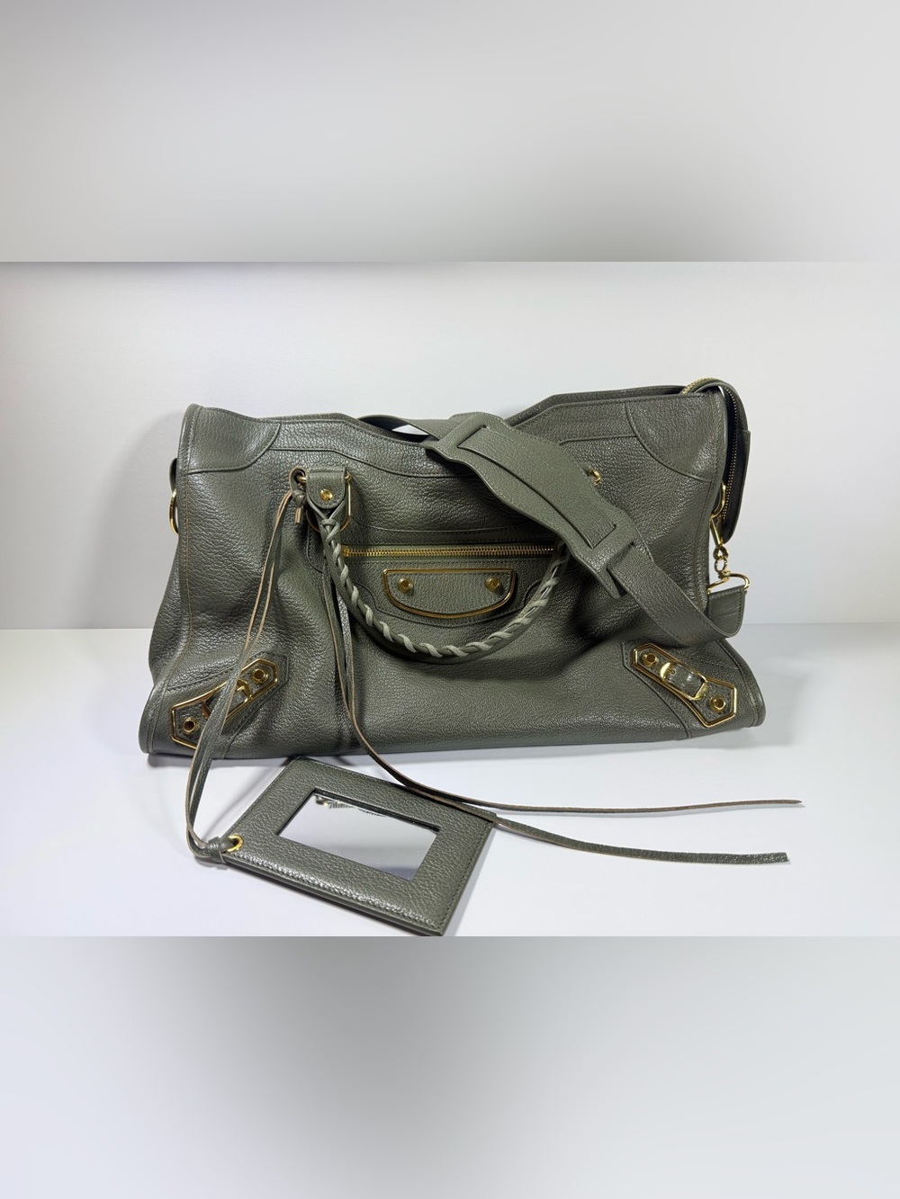 Balenciaga Olive Green Leather Shoulder Bag with Braided Handle